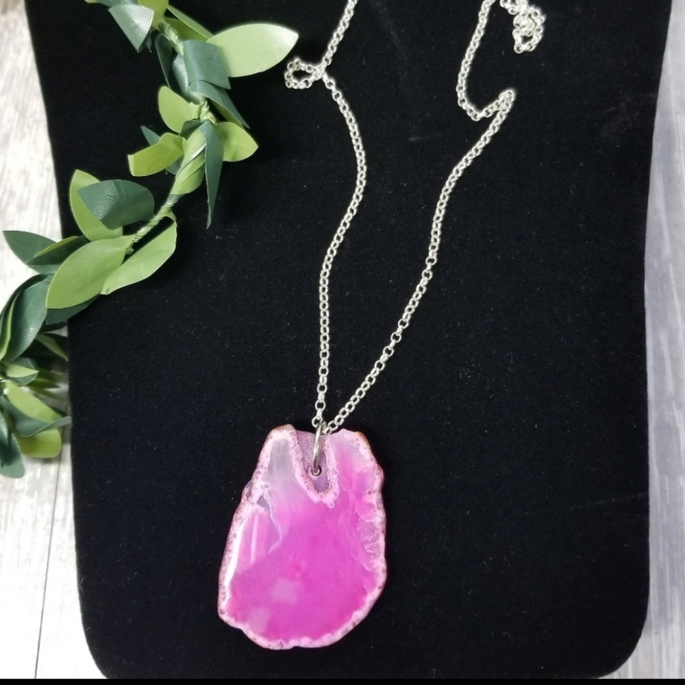 Sliced pink agate pendent Sterling Silver chain (artisan made)
